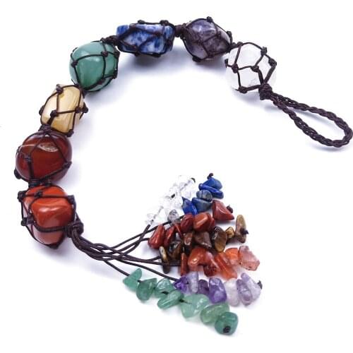 Natural 7 Chakra Polished Quartz Stone Car Pendant Hand Made Weave Pendant Energy Healing Crystal Charms Jewelry Home Decoration