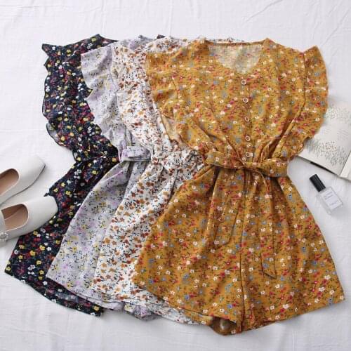 New Arrivals Women Chiffon Playsuit Printed Embroidery Sleeveless Playsuits Retro Ladies Romper Waistband V-neck Noble Overalls