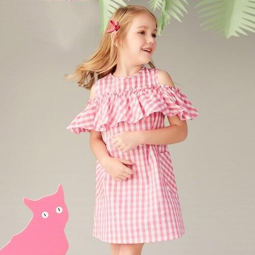 Girls plaid dress childrens dress summer dress thin simple shoulder-curled princess dress