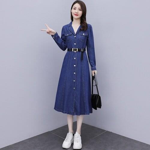 New Spring Autumn Women Dress Casual Turn-Down Collar Belt Single Button Solid Long Sleeve Jeans For Female Slim Denim One-Piece