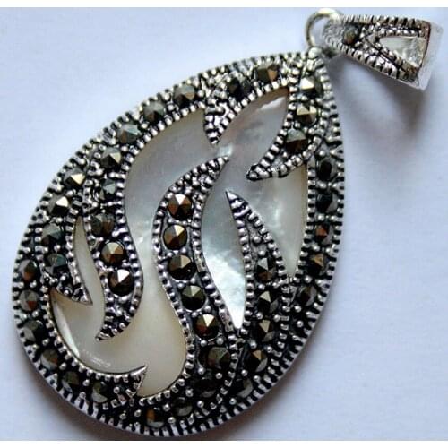 Free Shipping 925 Sterling Silver Natural White Shell Inlay Marcasite Teardrop Pendant 30x20MM