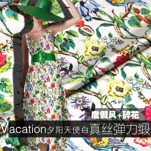 PRINTED SILK STRETCH SATIN 118cm width 19momme 100% Pure Silk With Spandex Floral Printing