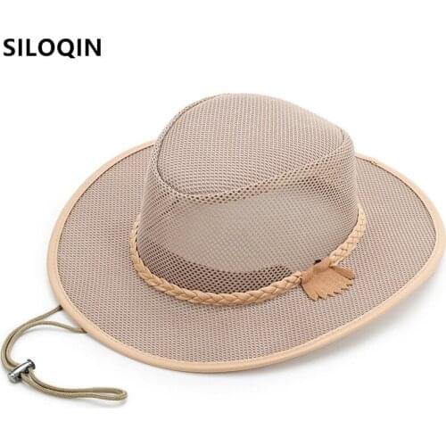 SILOQIN 2021 Summer New Mens Sun Hats Panama Straw Hat Hollow Mesh Breathable Oversized Sun Visor Cowboy Beach Hat Fishing Cap