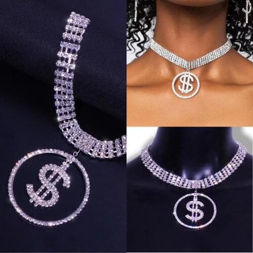 Rhinestone Multi-Rows US Dollar Sign Pendant Necklace Hip Hop Jewelry for Women Crystal Sexy Choker Collar Necklace Accessories