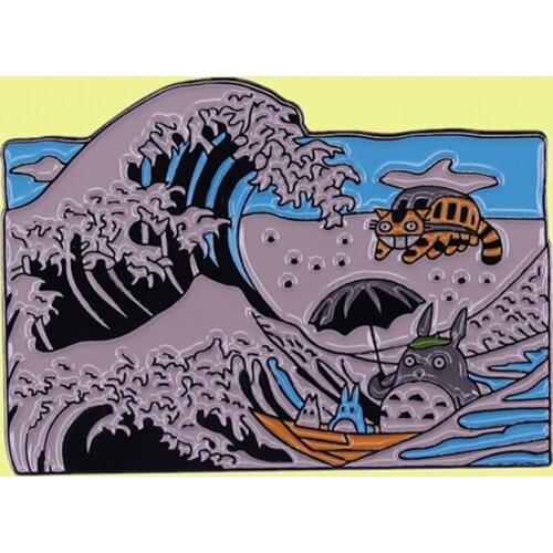 Studio Ghibli Art Totoro Spirits and The Great Wave off Kanagawa enamel pin I Need My Umbrella Japanese Animation Geek brooch