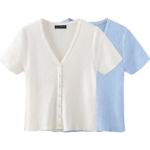 Slim Girls Soft Cotton V Neck T-shirts 2021 Summer Sweet Ladies Casual Vintage Tops Street wear Women Solid Color Top Female