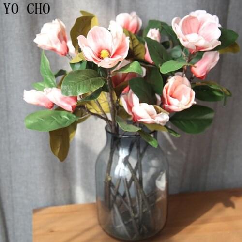 YO CHO 2pcs High-end Exquisite Artificial Flowers Vivid Silk Fake Magnolia 3 Heads Flowers For Wedding Party Home Table Decor