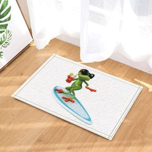 Funny green frog head wearing black sunglasses orange limb standing blue white skateboard bathroom mat door anti-slip floor indo