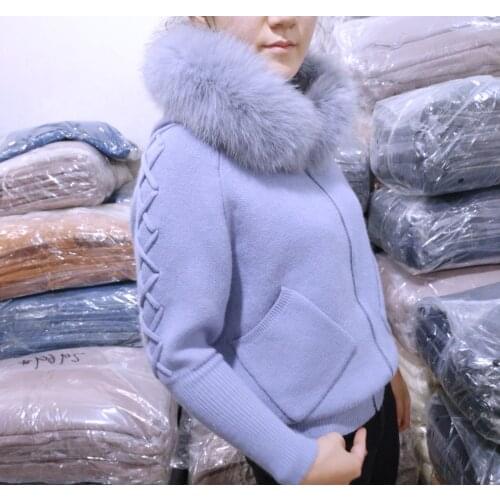2021 Japan and South Korea new bat sleeve real fox fur collar hooded cross strap pocket knitted cardigan sweater women