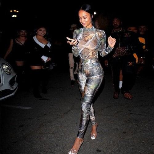 Woman Fashion Leaves Print Two Piece Set Long Sleeve Bodysuit Top And Pencil Pants Fall Clothes Sexy Party Streetwear Outfits