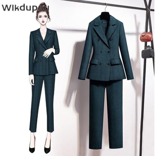 Women Blazer Pencil Pants Sets Two Pieces Vintage Plaid Double Breasted Jacket Formal Suit Trousers Autumn Office Lady Pantsuits