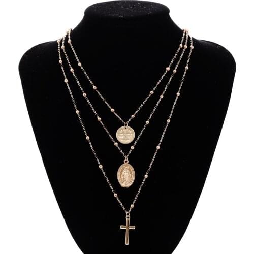 Cross Virgin Mary Goodness Round Coin Pendant Multi-Layer Women Necklace Beads Chain Link Anniversary Jewelry Gift