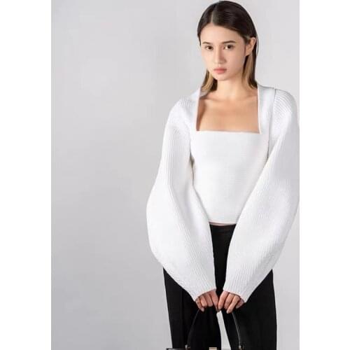 Women Sweater 2021 Autumn Square Collar Lantern Sleeve Solid Color Knitted Short Top Black and White Two-color Sweater Women