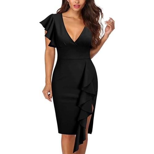 FEECOLOR Womens Deep-V Neck Ruffle Sleeves Cocktail Party Pencil Slit Formal Dress