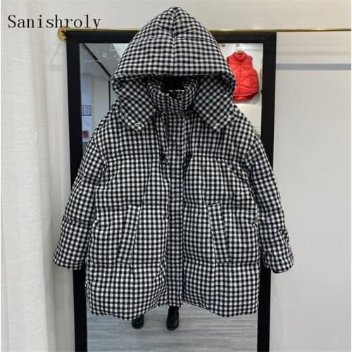 2021 Autumn Winter Plaid Hooded Coat Women Warm Thicken White Duck Down Coat Female Casual Loose Midi Long Down Jacket Parkas