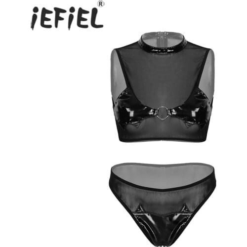 Women See-through Mesh Patent Leather Underwear Suit Sleeveless Lingerie Set Erotic Costumes Mock Neck Club Stage Performance
