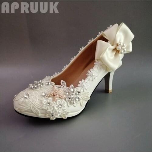 9CM high heels ivory lace crystal wedding pumps shoes bride platform lace flower bow butterfly-knot party bridal pumps shoes