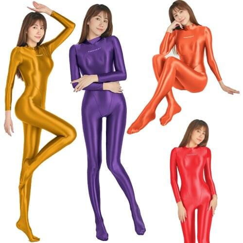 AMORESY Sexy Shiny Glossy Leotards Full Length Oil Tights Smooth Running Overalls Yoga Casual Sport Playsuit Catsuits Jumpsuits