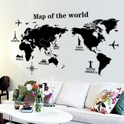Large Size World Map Wall Stickers Black Map of The World Home Decor for Kids Room Travel Airplane Wall Decals for Living Room