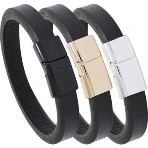 Fashion Casual Men Genuine Leather Cuff Black Bracelet Vintage Simple Magnetic Charm Retro Bangle 20/22cm Wristband Punk Jewelry