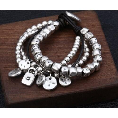 Wholesale S999 Sterling Silver Retro Thai Silver Old Creative Preparation Multilayer Leather Rope Men And Women Bracelet Homme