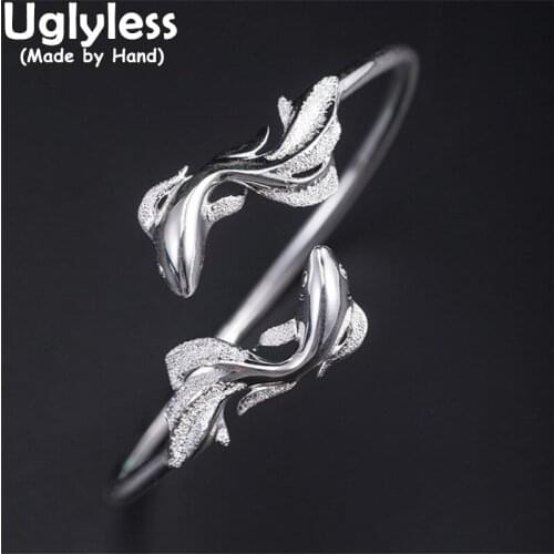Uglyless Vivid Swimming Goldfish Bangles for Women Handmade Fishes Open Bangles Shinning 925 Glossy Silver Jewelry Animal Bijoux