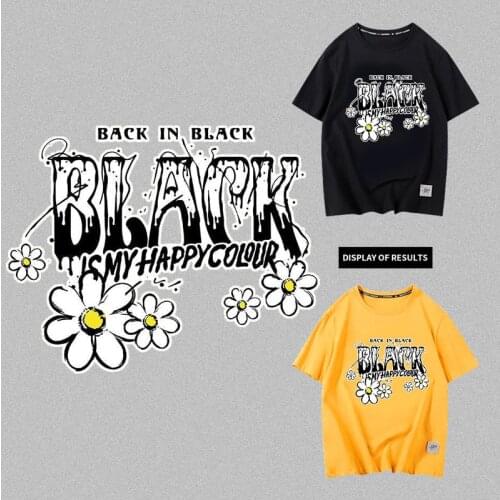 Letter Black small chrysanthemum print heat transfer sticker for DIY vinyl patch clothes iron On for T-shirt decoration