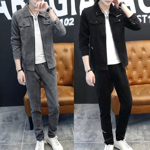Spring Autumn Mens Casual Jacket Pencil Pants Two Pieces Set Size M-4XL Black Gray Green Red M73