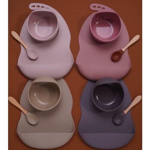 Baby Stuff Tableware Silicone Sucker Bowl Waterproof BPA free Baby Bibs children Toddle Feeding Plate And Wodden Handle Spoon