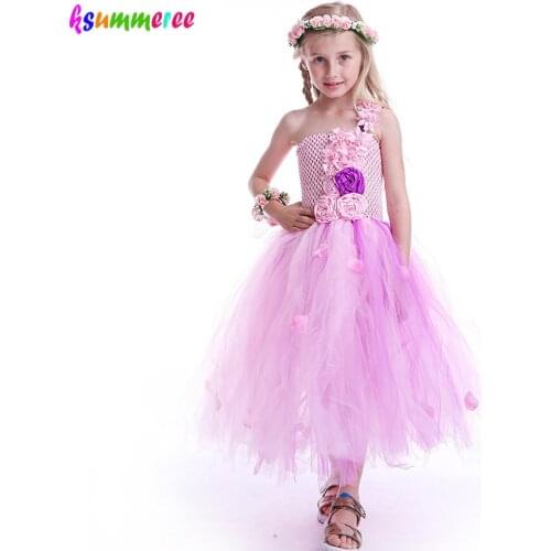 Princess Formal Wedding Flower Tutu Dress Baby Girls Summer Pink Floral Costume Children Ankle length Tulle Clothes Party Dress