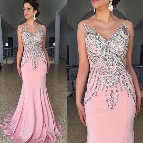 Elegant Pink Mermaid Formal Evening Dresses Crew Sheer Neck Beading Trumpet Long Prom Dress Plus Size Evening Gowns