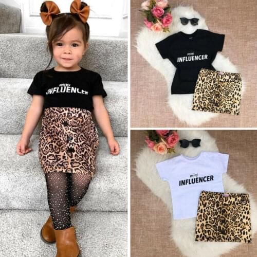 2PCS Set Toddler Kids Baby Girl Letter Printed Tops T-Shirt+Leopard Print Skirt Outfits Summer Girls Clothes