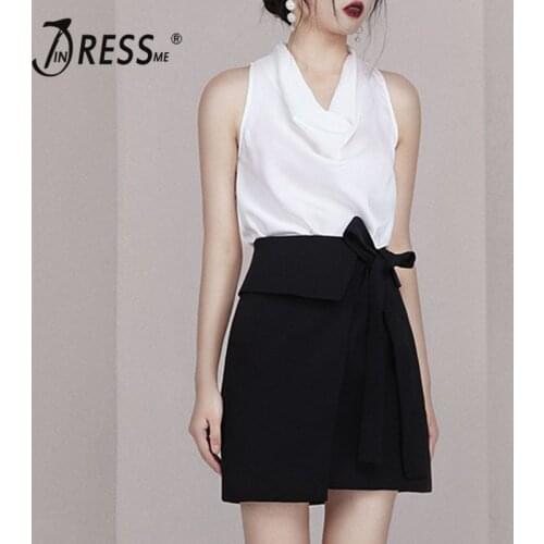 INDRESSME 2019 New Two Piece Sets Fashion V Neck Sleeveless Top Sexy Office With Lace Up Mini Black Skirt Casual Sets