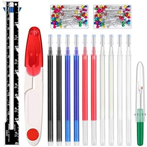 15Pcs Sewing Gauge Measuring Ruler Heat Erase Pens Straight Pins U Scissors Snips Seam Ripper for DIY Crafting Fabric Stitching