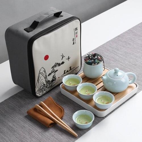 Chinese Travel Kung Fu Tea Sets Ceramic Portable Porcelain Service Celadon Carp Tea Cups Tea Ceremony Teapot Gift Box