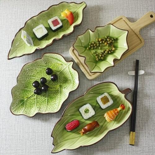 Creative ice cracked ceramic tableware maple leaf plate lotus leaf plate four-legged leaf long plate sushi plate dish restaurant