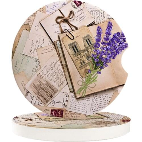 Ceramic Stone Round Car Coasters Set Envelope Mail Book Lavender Mug Tea Cup Hot Cold Drinks Mat Car Decoration