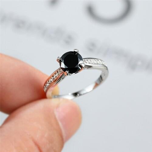 Cool Female Black Zircon Stone Ring Classic Silver Color Thin Engagement Rings For Women Trendy Crystal Round Wedding Ring