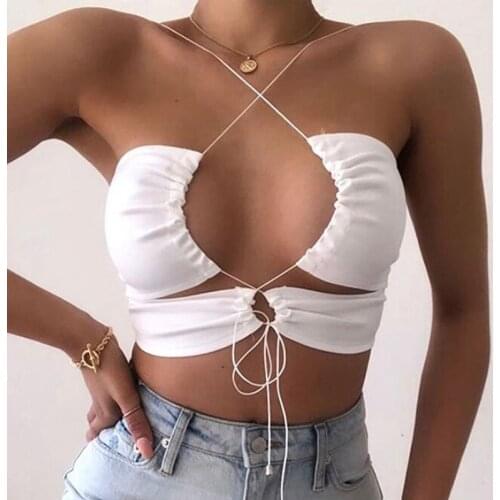 Summer Sexy Crop Top Woman Clothes Bandage Cross Over Front Cut Out Backless Ruched Tube Top Cropped Underwear Vest Streetwear