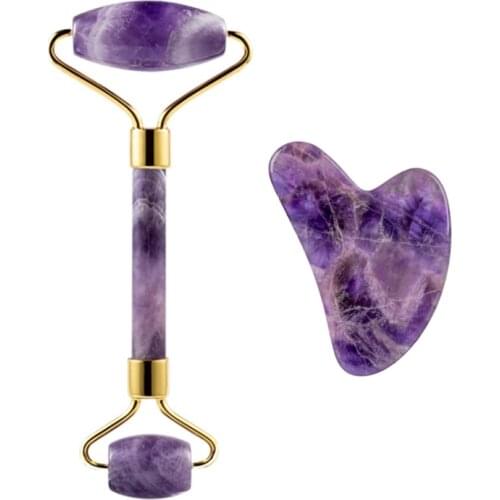 Amethyst Massager Natural Stone Facial Roller Gua Sha Tools Set SPA Acupuncture Scraping Crystal Body Face Health Care Massage