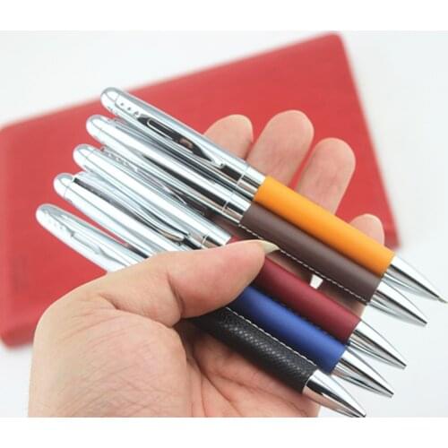 Stainless leather Metal Roller Ball Pen Luxury Ballpoint Pen For Business Writing Gift Office School Supplies Black Ink Refills