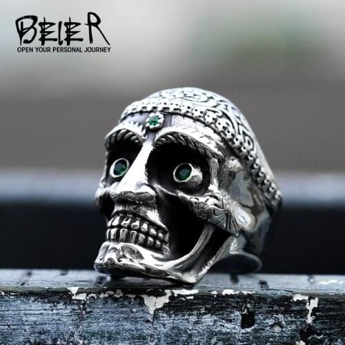 BEIER 316L stainless steel green eyes Punk skull mens ring rock biker fashion jewelry BR8-711