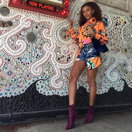 New Womens Fashion Abstract Graffiti Print Shirt Casual Long Sleeve Lapel Single-Breasted Long Style Tops Skin-Friendly S-4XL