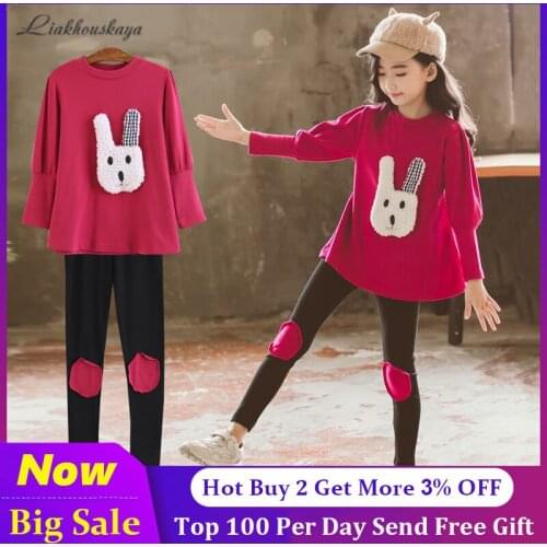 New Spring Autumn 2021 Girls Clothes ChildrenS Clothing Sets Long Sleeve Active Suits Rabbit Print Baby Clothes 2pcs 110-160cm
