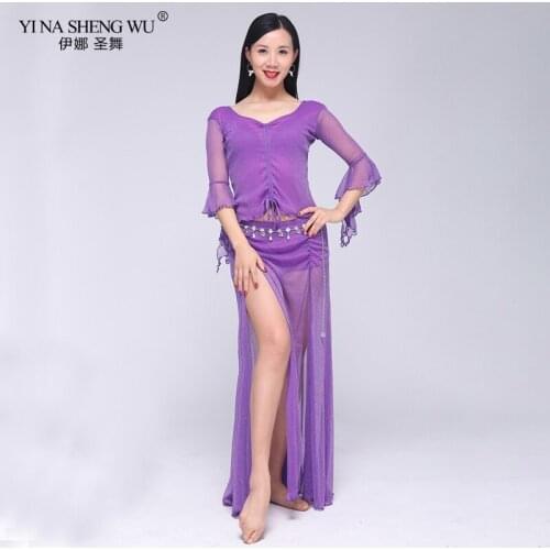Belly Dance Clothes Practice Costumes Sexy Half Sleeves Top+Long Split Skirt 2pcs Set New Women Bellydance Dress Dance Wear