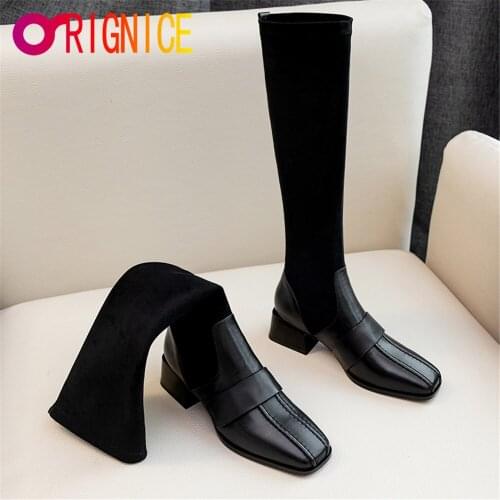 Orignice Newest Genuine Leather Flock Knee High Boots Chunky Heels Square Toe Autumn Winter Solid Color Party Office Basic Shoes