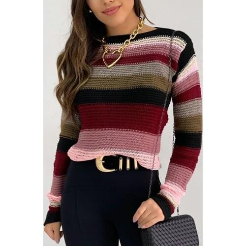 Autumn Winter Contrast Striped Pullover Women Sweater O-Neck Slim Long Sleeve Knitted Korean Woman Sweaters Tops Jumper Female