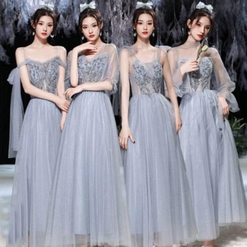 Bridesmaids Dresses Illusion Off The Shoulder V-Neck Sequined Sleeveless Embroidery A-Line Tulle Women Wedding Party Gown E444