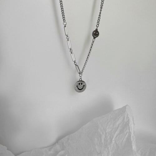 Origin Summer Punk Round Card Smile Face Pendant Necklace for Women Asymmetric Hollow Out Stainless Steel Necklace Jewelry