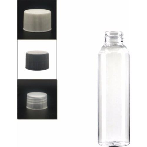 4oz/120ml empty Non-Dispensing cosmo round plastic bottle , clear pet bottle with white/black/transparent ribbed pp lid